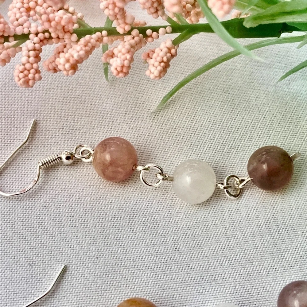 Rose Quartz and Milky White Jade Beaded Dangle Earrings - Picture 2 of 10